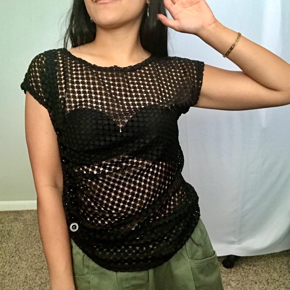 Black Sheer Top with Button detail